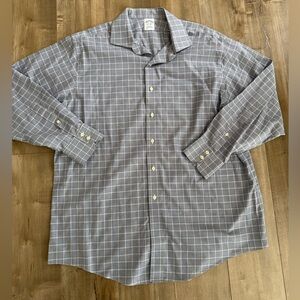 Brooks Brothers Button Up Non-Iron 17.5 34 Supima Cotton Blue Houndstooth Plaid
